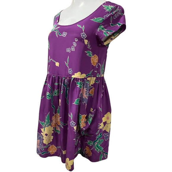 LUX Silk Baby Doll Mini Dress, Pockets, Purple Floral, M - Picture 7 of 8